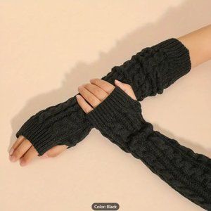 Ribbed Knitted Mid-length Gloves Warm Sleeves Solid Color Elastic Finger…